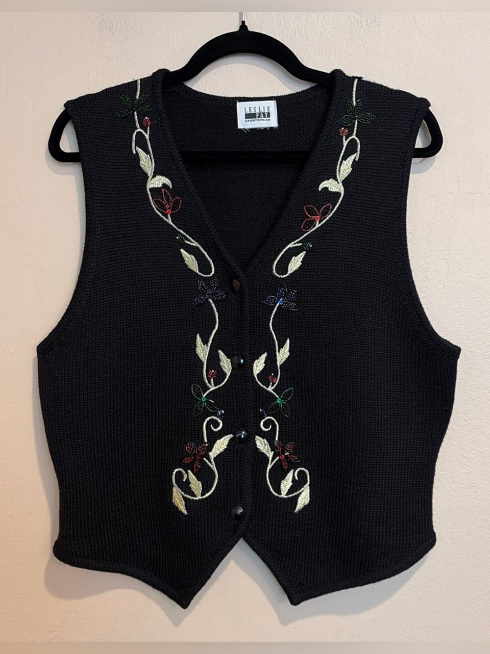 Vintage Black Knit Holiday Vest w/ Intricate Gold Threading and Beadwork
